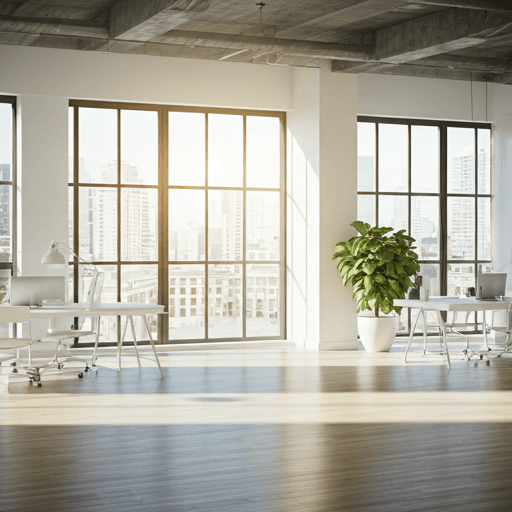 Modern bright open-plan office with sunlight streaming through large windows